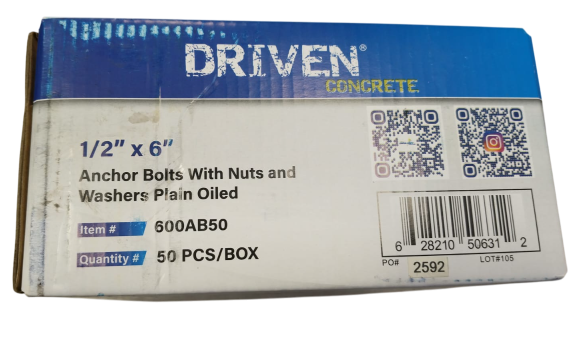 1/2" x 6" Anchor Bolts With Nuts and Washers, Plain Oiled, 50 pcs/box