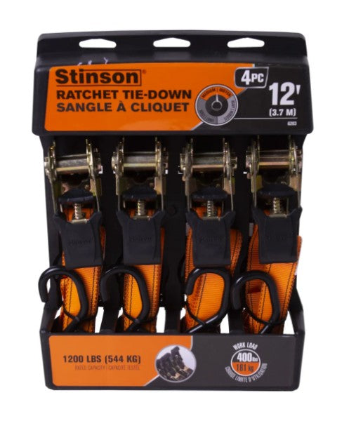 4Pk Tie Down Ratchet Strap 1in x 12ft 400lb